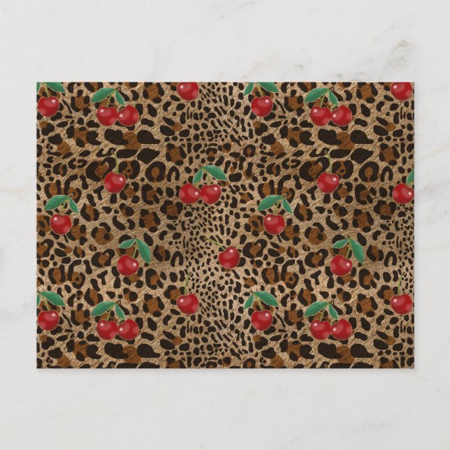 Cartão Postal Leopard Cheetah Animal Print Red Cherry Pattern (Frente)