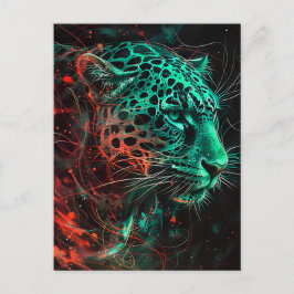 Cartão Postal Leopardo com Trilhas de Luz Vermelha Esverdeada