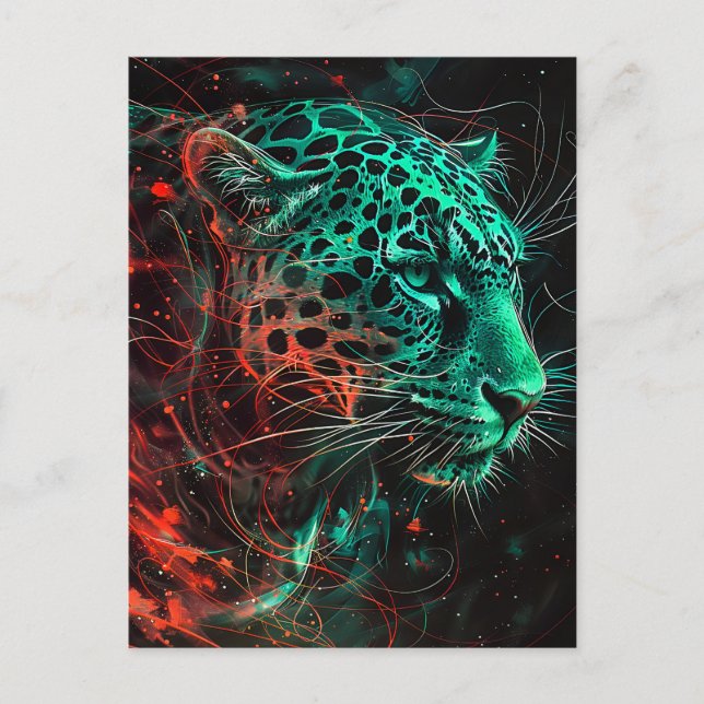 Cartão Postal Leopardo com Trilhas de Luz Vermelha Esverdeada (Frente)
