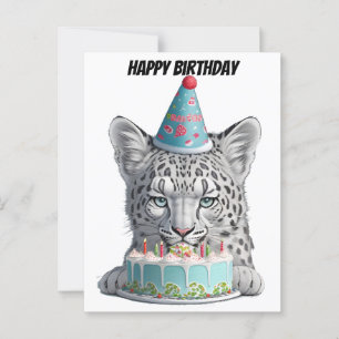 Cartão Postal Leopardo-das-neves com chapéu de aniversário