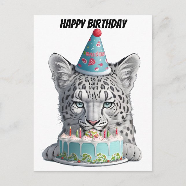 Cartão Postal Leopardo-das-neves com chapéu de aniversário (Frente)