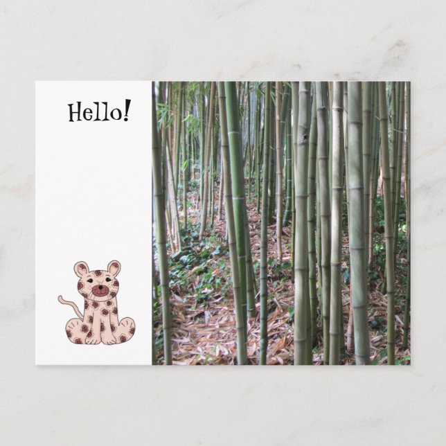 Cartão Postal Leopardo de desenho animado e floresta de bambu (Frente)