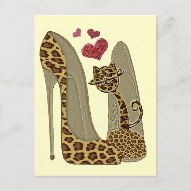 Cartão Postal Leopardo Divertido Stiletto e Gato (Frente)