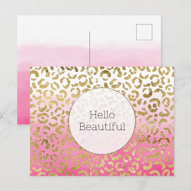 Cartão Postal Leopardo Dourado com Aquarela Rosa (Frente/Verso)