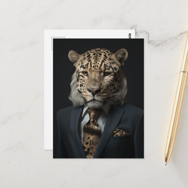 Cartão Postal Leopardo em uma arte de fantasia de Business Suit (Frente/Verso In Situ)