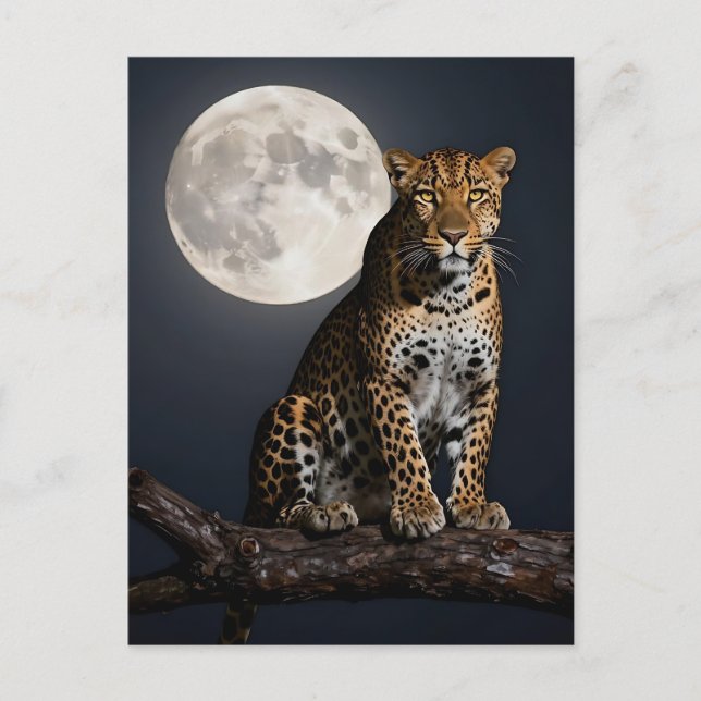 Cartão Postal Leopardo Majestoso e Lua Cheia  (Frente)