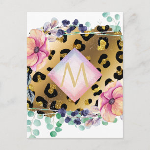 Cartão Postal Leopardo Menino bonito Imprime Rosa Dourado Monogr