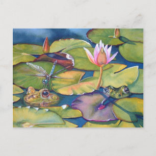 Cartão Postal Leopardo Sapos Lily Pads Pond Watercolor Art