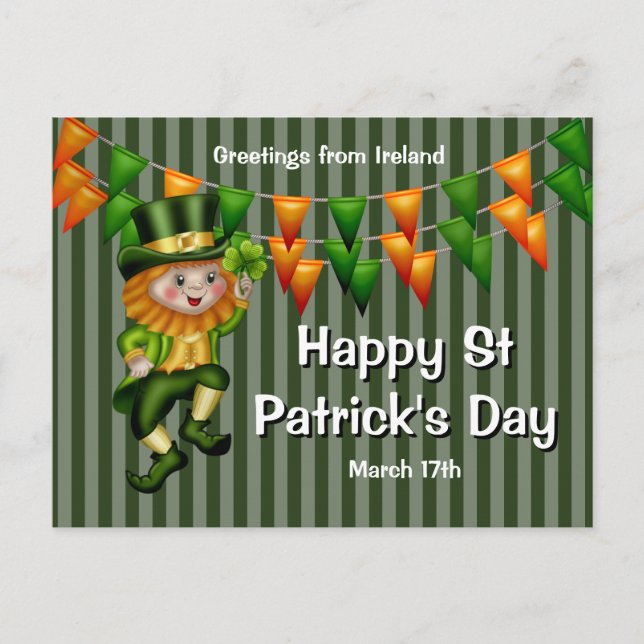 Cartão Postal Leprechaun jig sortuda shamrock verde laranja bund (Frente)