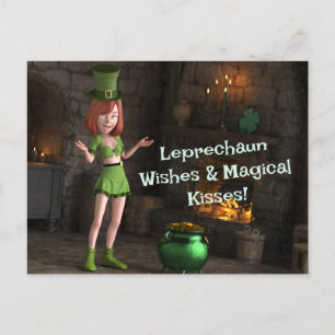 Cartão Postal Leprechaun Toon Girl ao lado do Pote da Dourada