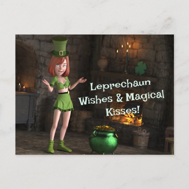 Cartão Postal Leprechaun Toon Girl ao lado do Pote da Dourada (Frente)