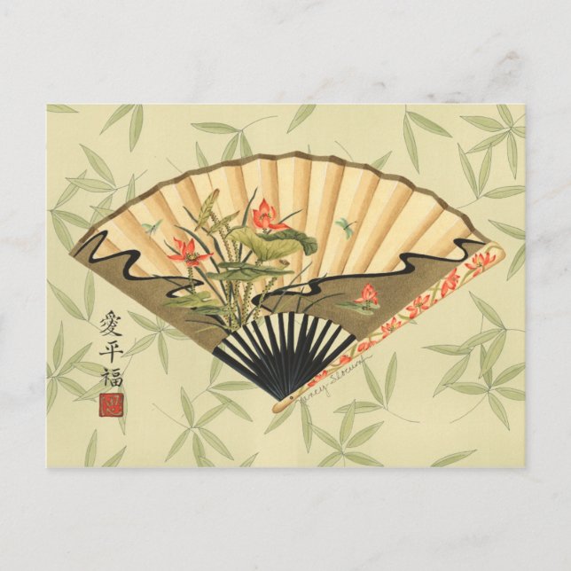 Cartão Postal Leque de Geisha com Folhas e Estampa Floral (Frente)