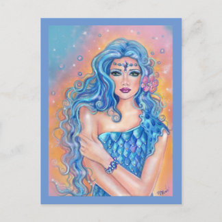Cartão Postal Leta blue haired mermaid art by Renee Lavoie