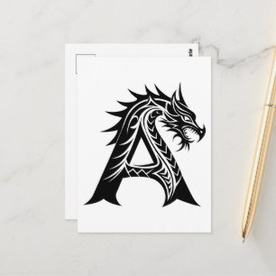 Cartão Postal Letra A Estilizada com Dragão, Alfabeto de Dragão,