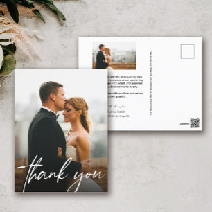Cartão Postal Letra à mão chic foto agradecimento de casamento
