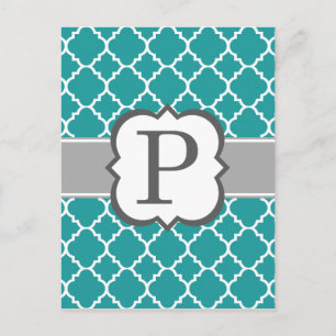Cartão Postal Letra azul teal monograma P quatrefoil