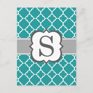 Cartão Postal Letra Azul Teal Monograma S Quatrefoil