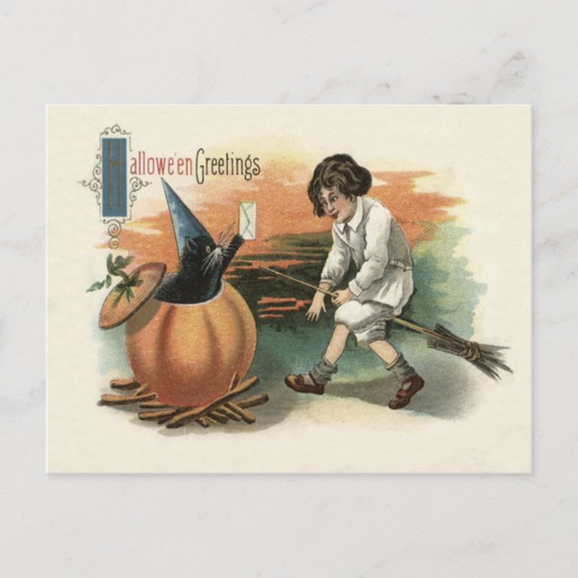 Cartão Postal Letra Black Cat Pumpkin Witch's Hat Broom (Frente)