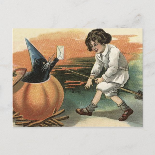 Cartão Postal Letra Black Cat Pumpkin Witch's Hat Broom (Frente)