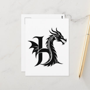 Cartão Postal Letra H Estilizada com Dragão, Alfabeto de Dragão,