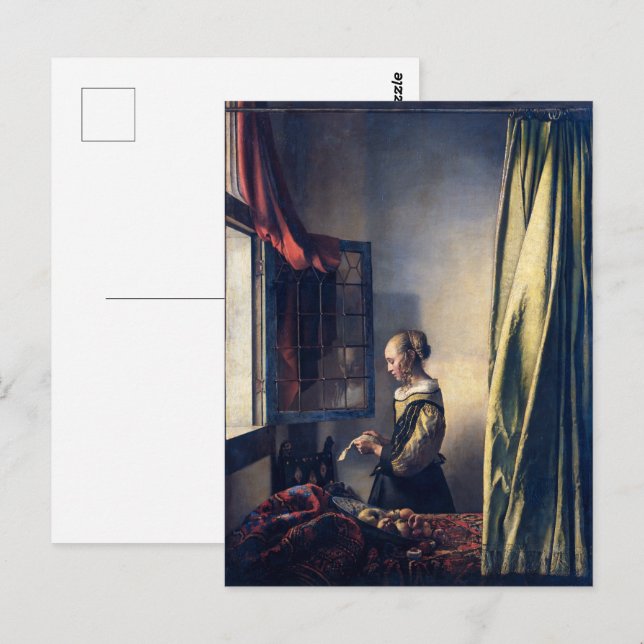 Cartão Postal Letra Moça por Janela Aberta | Vermeer | (Frente/Verso)