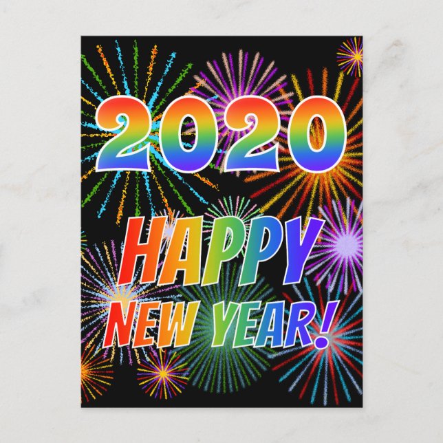Cartão Postal Letras arco-íris "2020" + "FELIZ ANO NOVO!" (Frente)