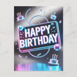 Cartão Postal Letreiro de Neon "Feliz Aniversário" 3D Futurista