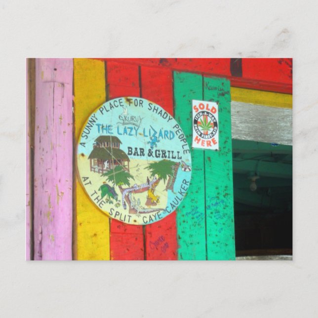 Cartão Postal Letreiro do Lazy Lizard em Caye Caukler Belize Car (Frente)