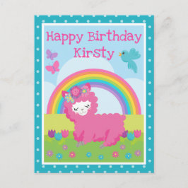 Cartão Postal Lhama Rosa Primavera Floral & Aniversário Arco-íri