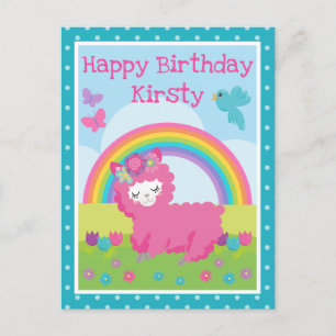 Cartão Postal Lhama Rosa Primavera Floral & Aniversário Arco-íri