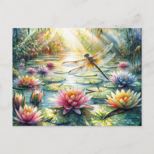 Cartão Postal Libélula Acima de Lagoa Aquarela