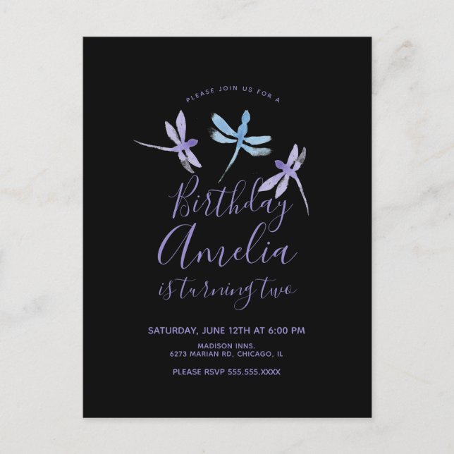 Cartão Postal Libélula Aquarela  Festa de Aniversário Roxo Preto (Frente)