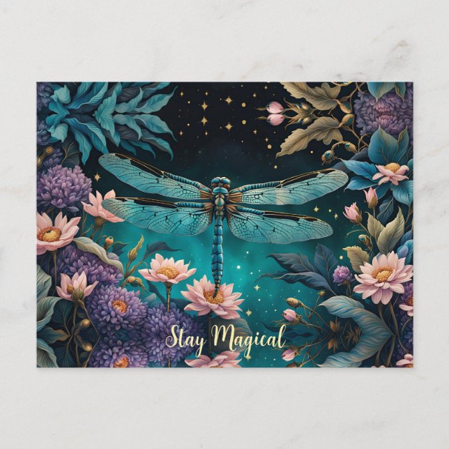 Cartão Postal Libélula em um jardim floral à noite (Frente)