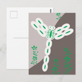 Cartão Postal Libélula Floral Voadora com Salpico de Cor Verde