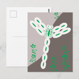 Cartão Postal Libélula Floral Voadora com Salpico de Cor Verde