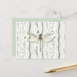 Cartão Postal Libélula Verde Branco Chic Floral Pensando em Você