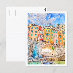 Cartão Postal Liguria Itália Familiar Viagem Watercolor Sketch