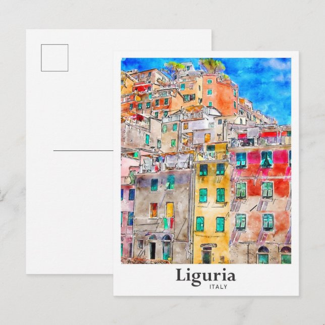 Cartão Postal Liguria Itália Viagem Watercolor (Frente/Verso)