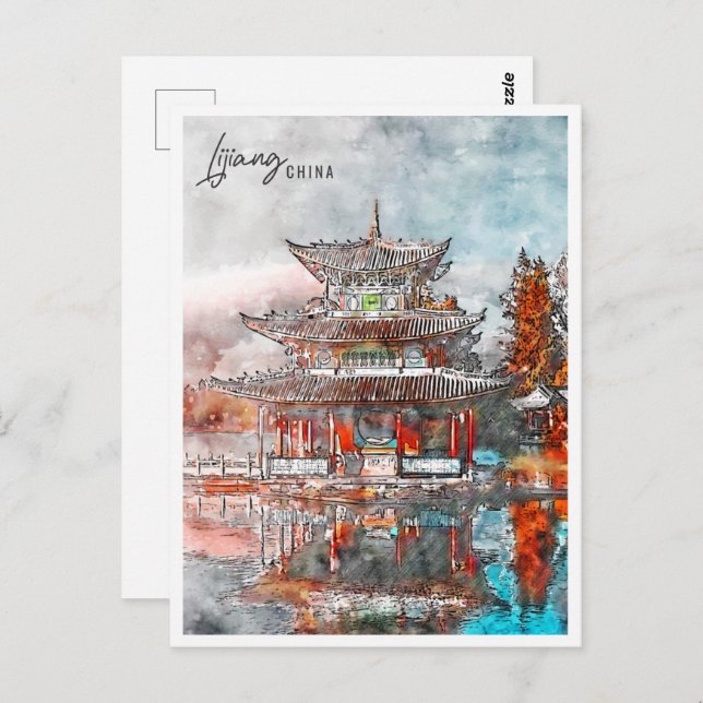 Cartão Postal Lijiang China Viagem Place Watercolor (Frente/Verso)