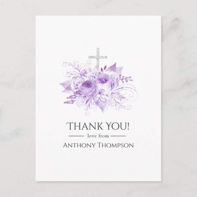 Cartão Postal Lilac e Silver Floral Baptism Obrigado (Frente)