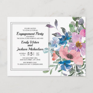 Cartão Postal Lilás Azul Rosa Floral Aquarela Festa de Noivado