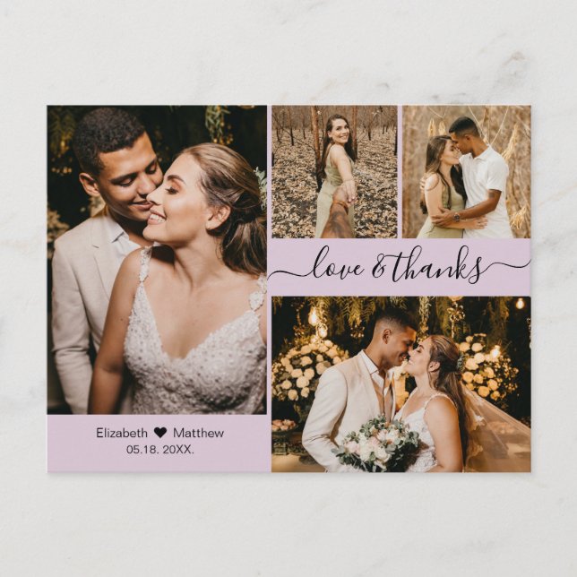 Cartão Postal Lilás Elegante 4 Fotos Colagem Casamento Agradecim (Frente)