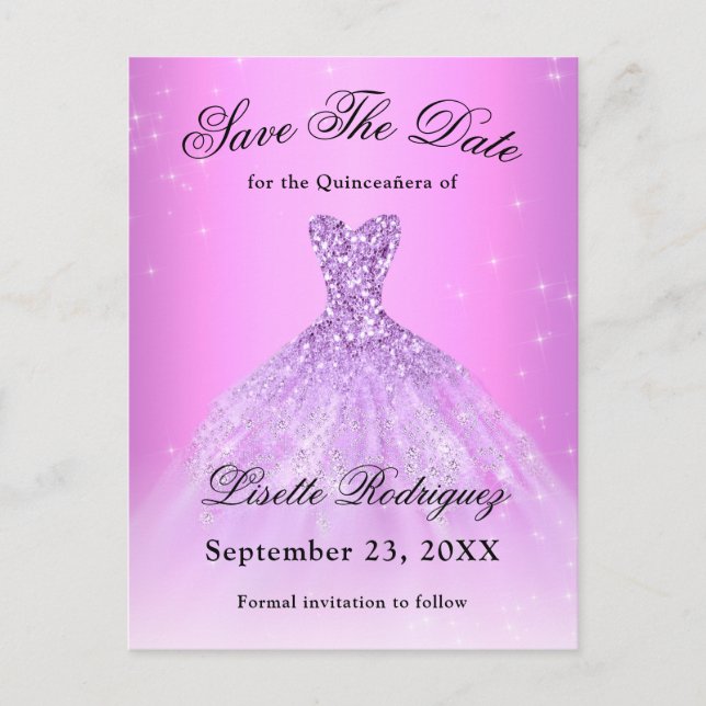 Cartão Postal Lilás Roxo Elegante Quinceanera Save The Date (Frente)