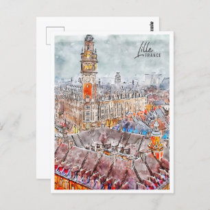 Cartão Postal Lille France Viagem Place Watercolor