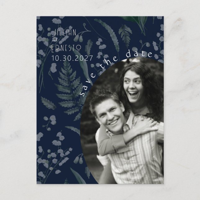 Cartão Postal Lily of Valley com Ferns | Azul profundo (Frente)