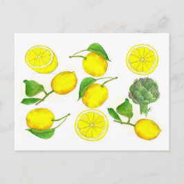 Cartão Postal Limão Citrus Fruta Watercolor Pintura