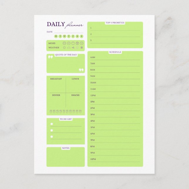 Cartão Postal Lime Green Minimalist Daily Planner Template (Frente)
