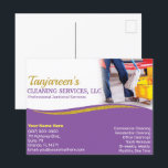 Cartão Postal Limpeza Profissional/Serviço Doméstico Janitorial<br><div class="desc">Aumente a publicidade com esses cartões postais profissionais (modelo) para limpeza de casas, manutenção de casa ou pequeno negócio (zelador). Estes cartões postais são projetados com texto roxo e cor dourada (faux) brilhante no lado frontal com texto roxo no verso. Personalize os folhetos adicionando ou removendo elementos que se adequem...</div>