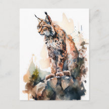 Lince em Aquarela Sentado em Rochas