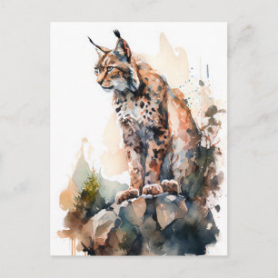 Cartão Postal Lince em Aquarela Sentado em Rochas